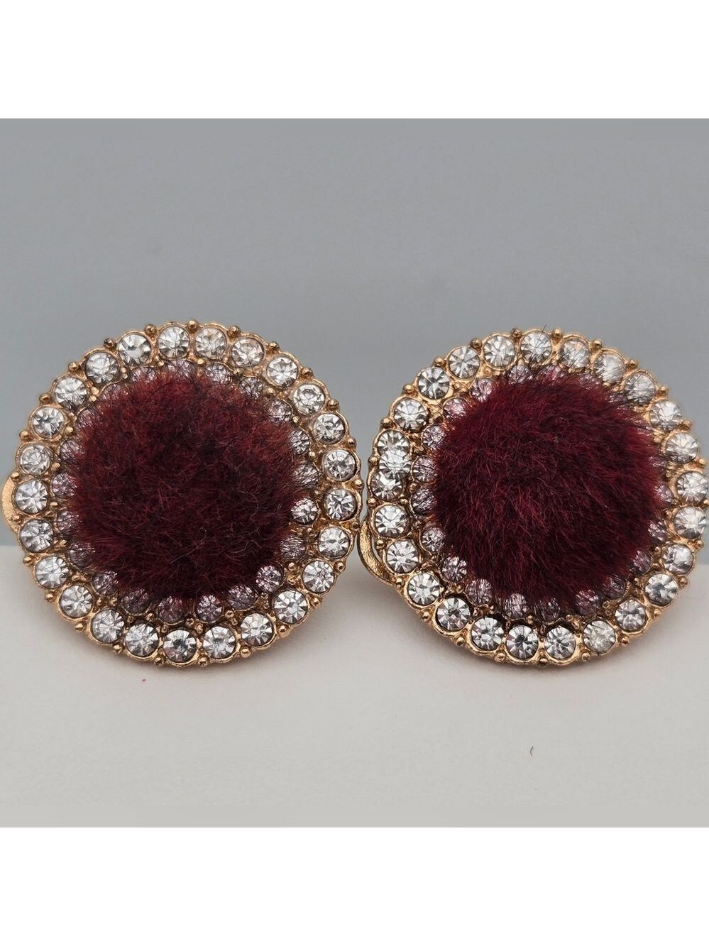Vintage Velvet & Rhinestone Button Gold Tone Stud Earrings 1"